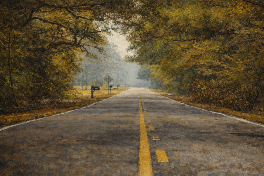 Home autumn road through misty woods (1)